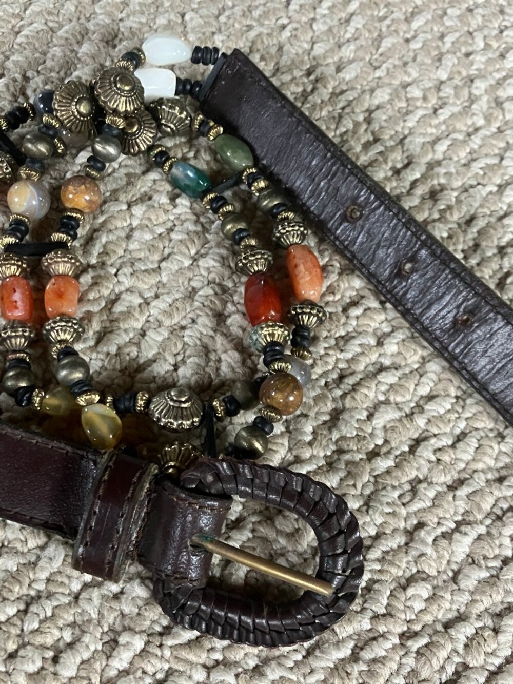 Brass Stone Beads Women's Belt Made in India M Brown Leather Festival
